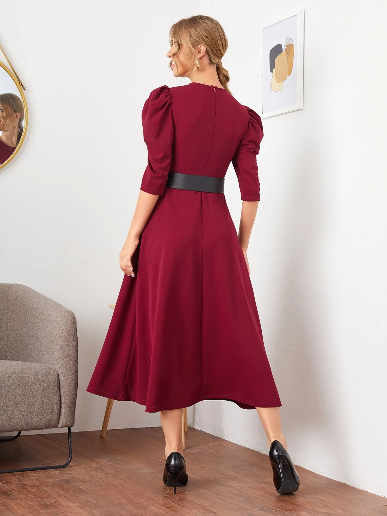 Puff Sleeve Self Buckle Belted Dress