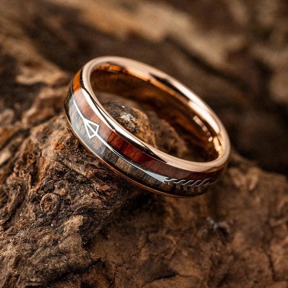 Rose Gold Tungsten Carbide Wedding Band With Wood and Arrow Inlay