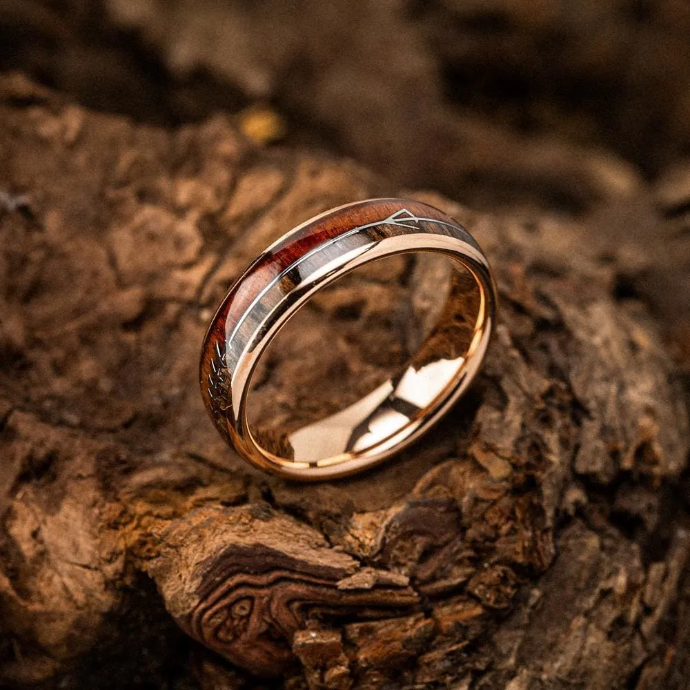 Rose Gold Tungsten Carbide Wedding Band With Wood and Arrow Inlay