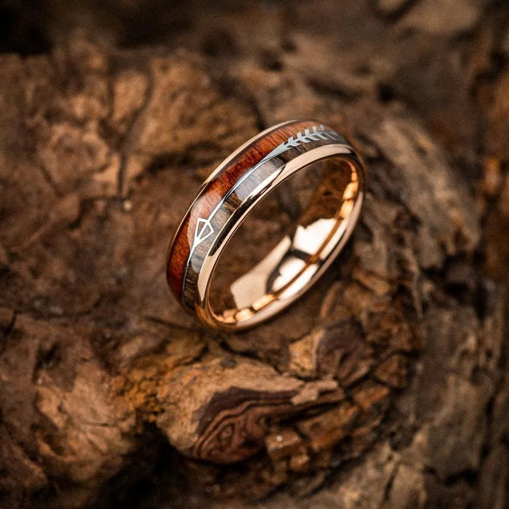 Rose Gold Tungsten Carbide Wedding Band With Wood and Arrow Inlay