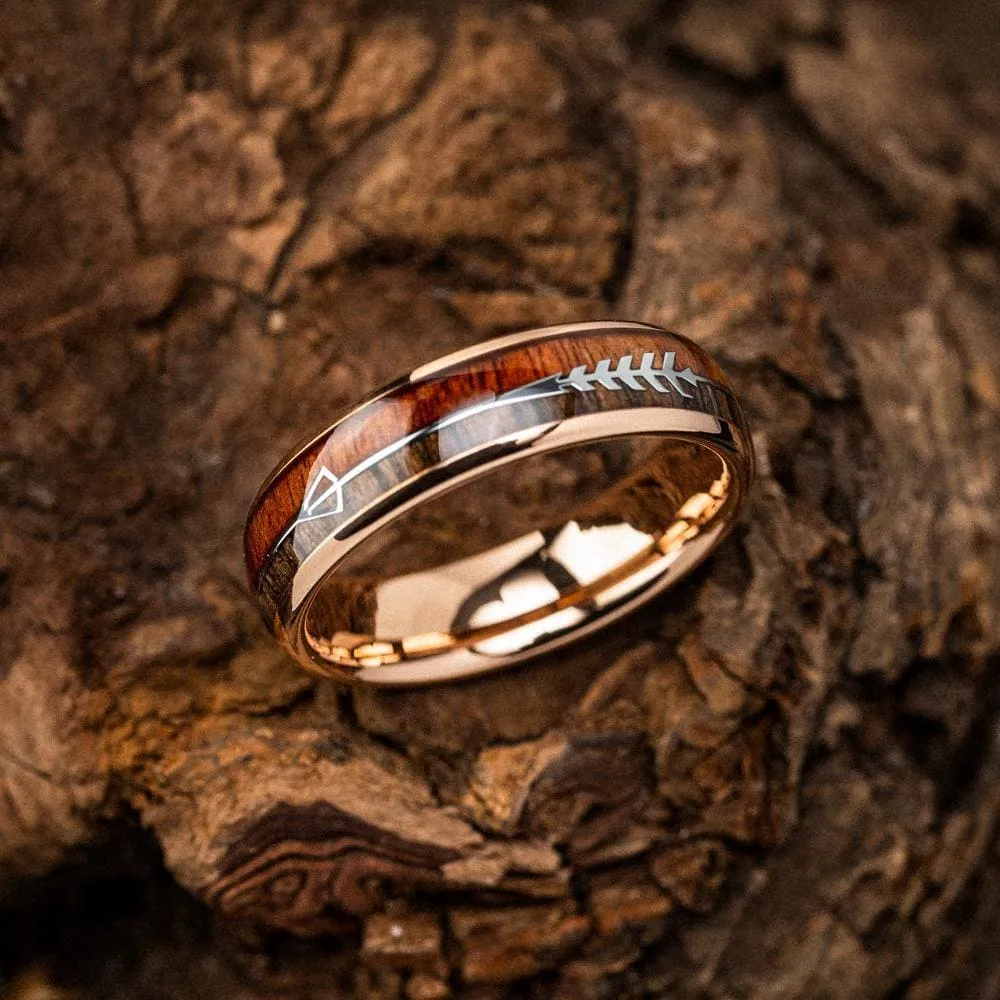 Rose Gold Tungsten Carbide Wedding Band With Wood and Arrow Inlay