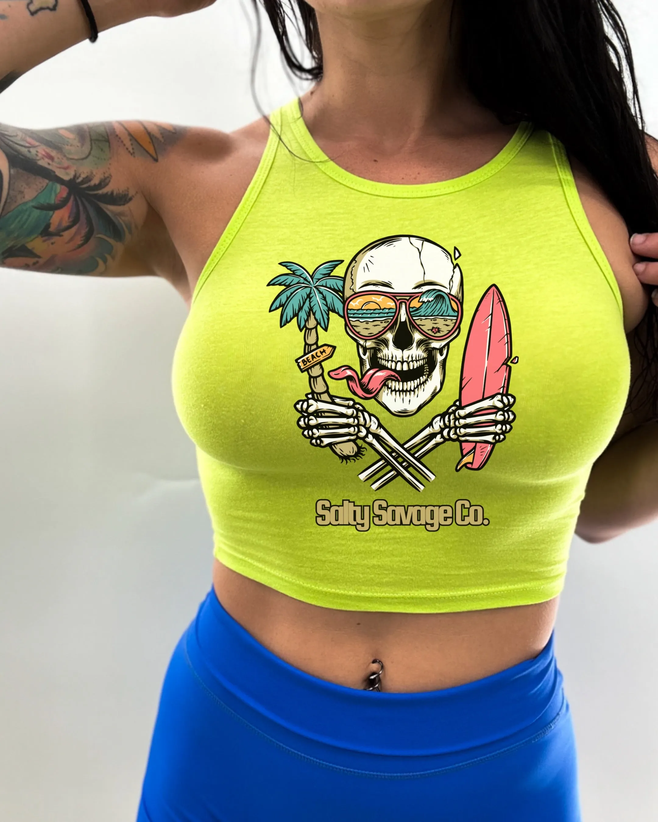 Salty Savage Ladies "Double Fisting" High Neck Sleeveless Crop Tank