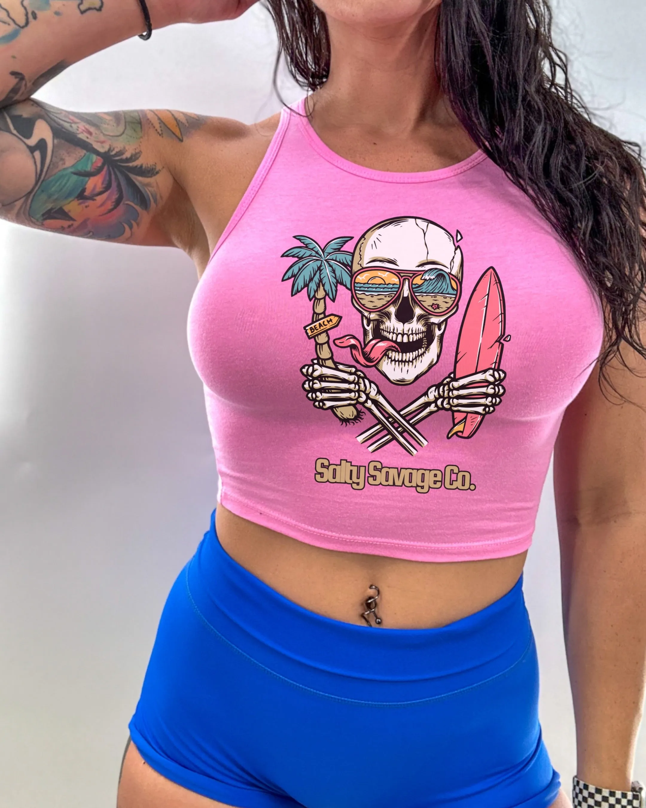 Salty Savage Ladies "Double Fisting" High Neck Sleeveless Crop Tank