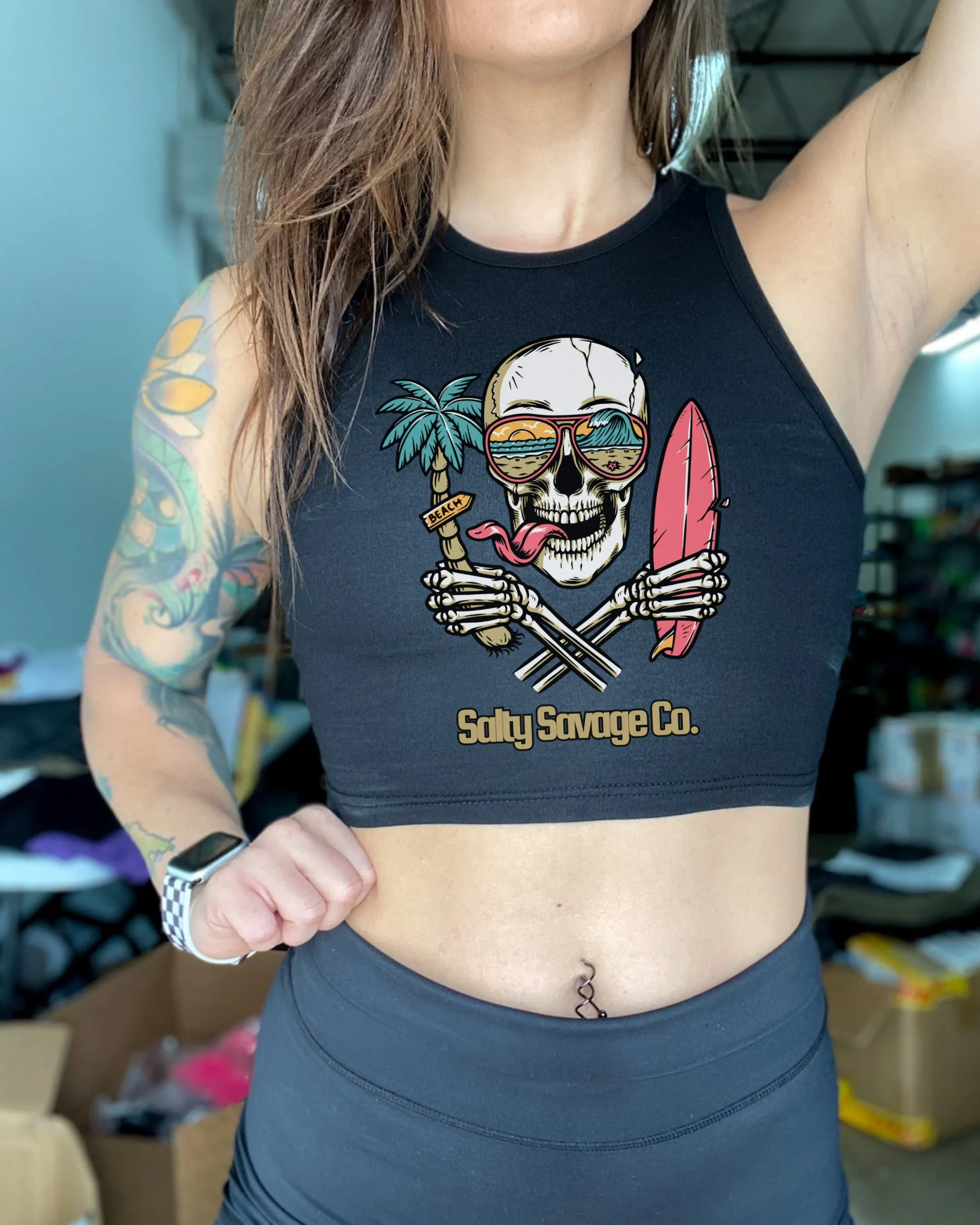 Salty Savage Ladies "Double Fisting" High Neck Sleeveless Crop Tank