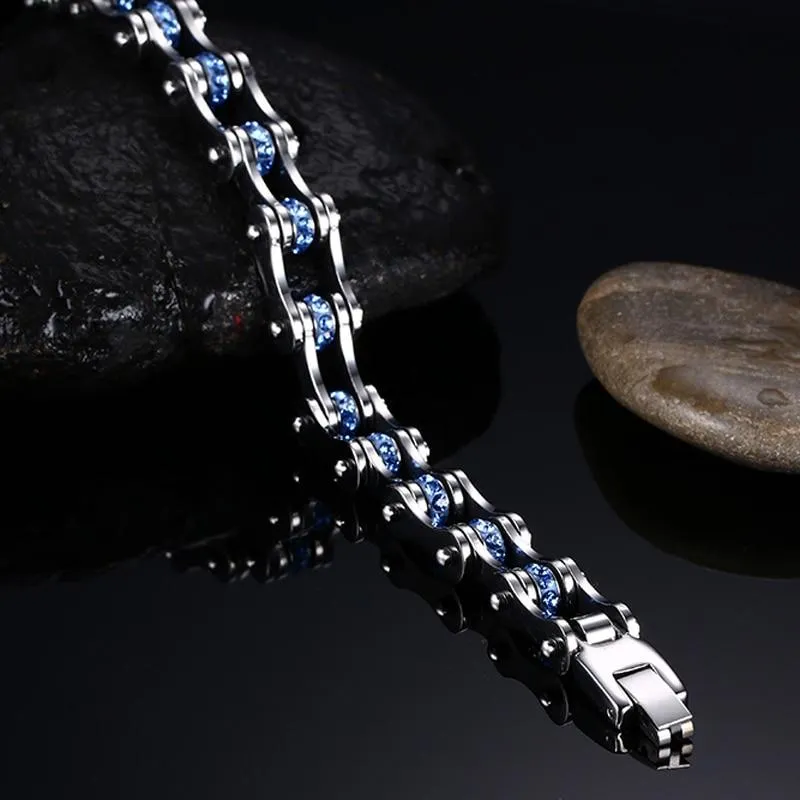 Silver & Sky Blue Crystal Motorcycle Chain Bracelet