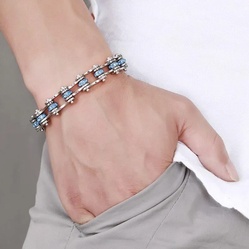 Silver & Sky Blue Crystal Motorcycle Chain Bracelet