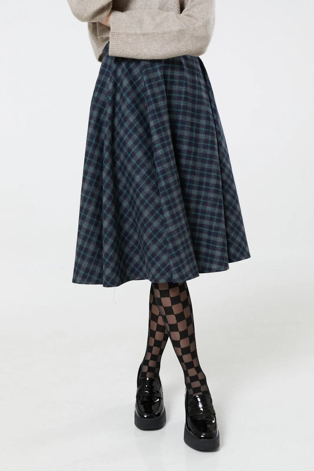 Sophie Blue Ink Woollen Check Tartan Midi Swing Skirt