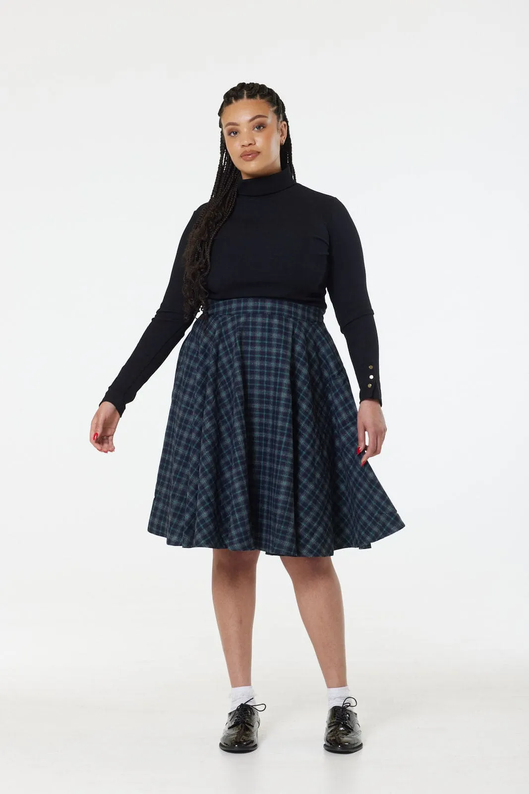 Sophie Blue Ink Woollen Check Tartan Midi Swing Skirt