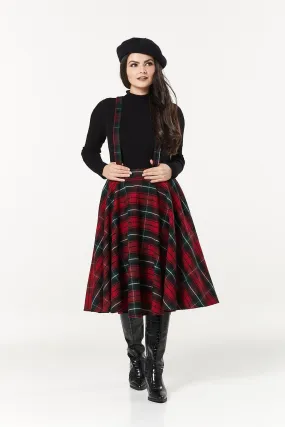 Sophie Red & Dark Green Woollen CheckTartan Midi Swing Skirt