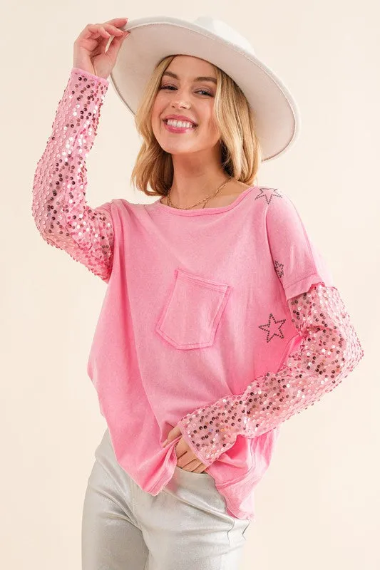 Star Printed Shoulder Sequin SLV Top