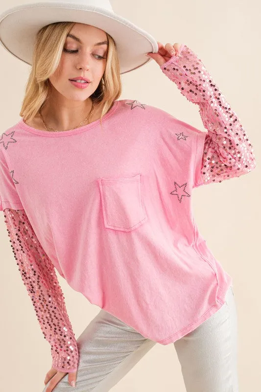 Star Printed Shoulder Sequin SLV Top