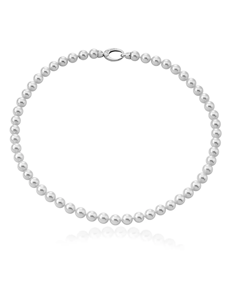 Sterling Silver Rhodium Plated Necklace for Women with Organic Pearl, 8mm Round White Pearl, 17.7 Length, Lyra Collection