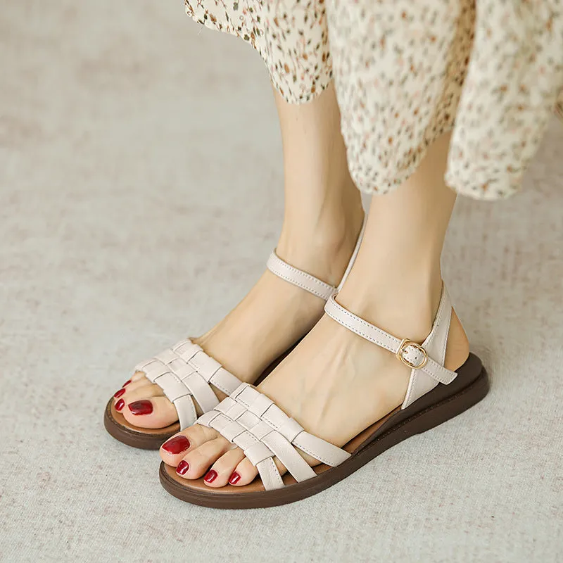 Summer Leather Plaited Casual Flat Sandals For Women