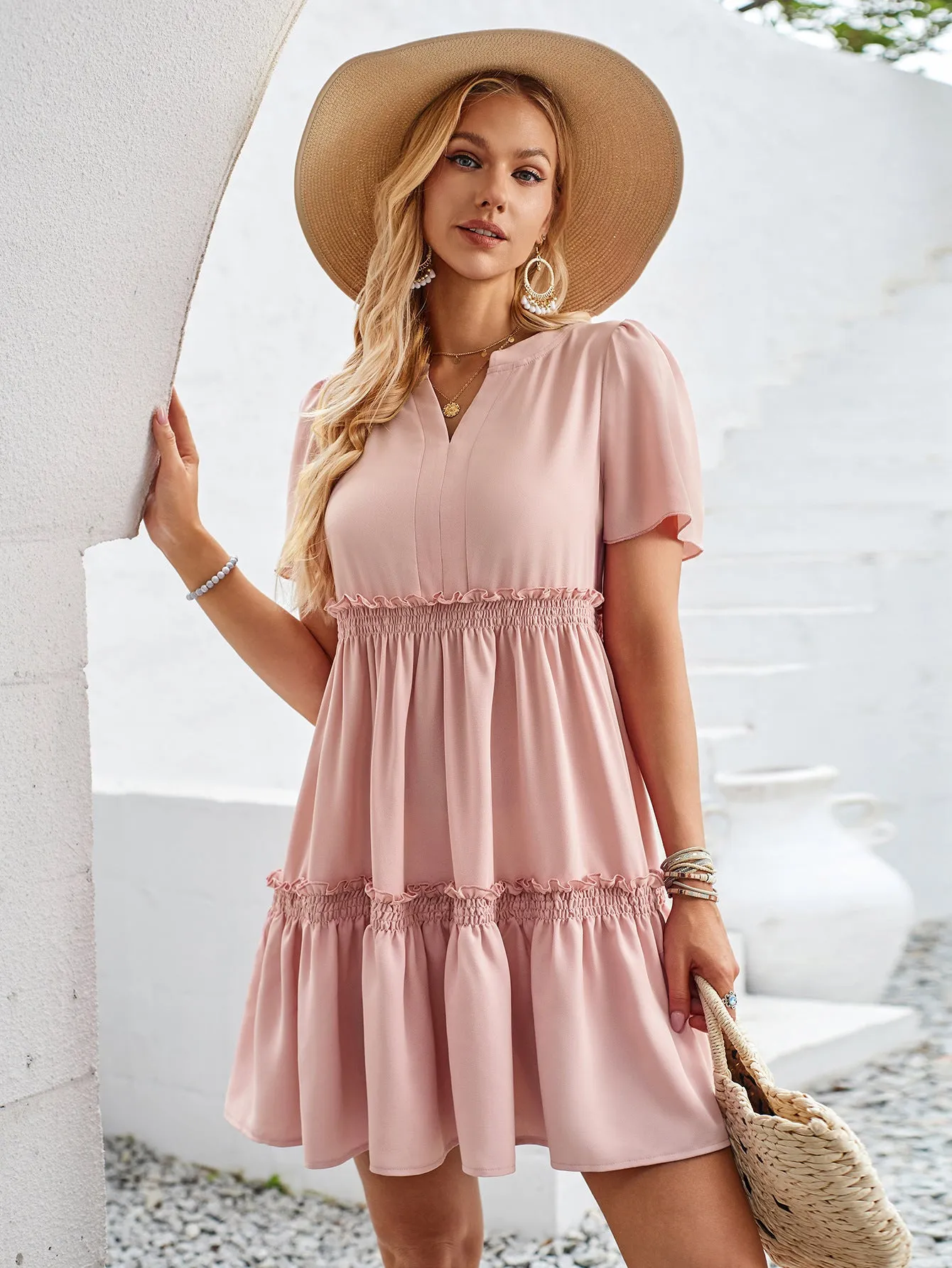 Sunset Vacation Frill Notched Short Sleeve Mini Dress