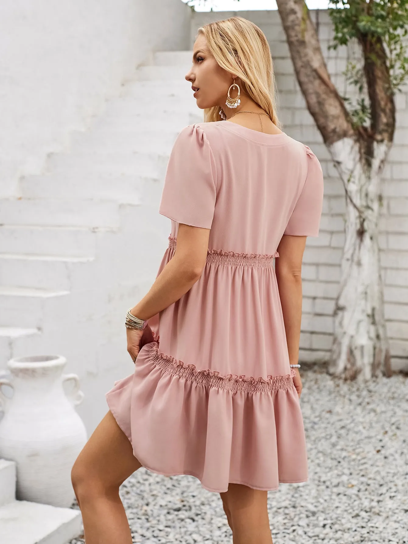 Sunset Vacation Frill Notched Short Sleeve Mini Dress