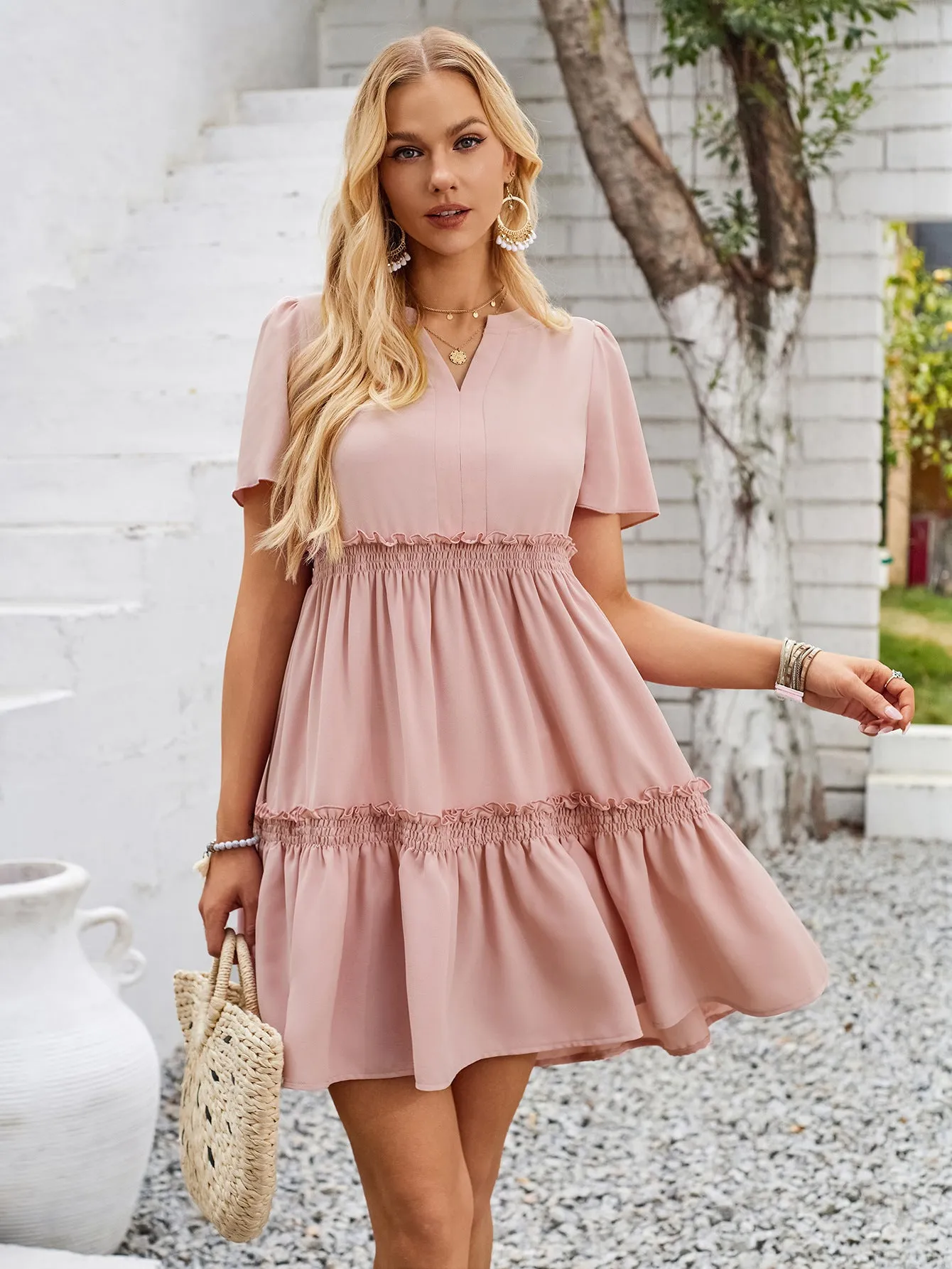 Sunset Vacation Frill Notched Short Sleeve Mini Dress