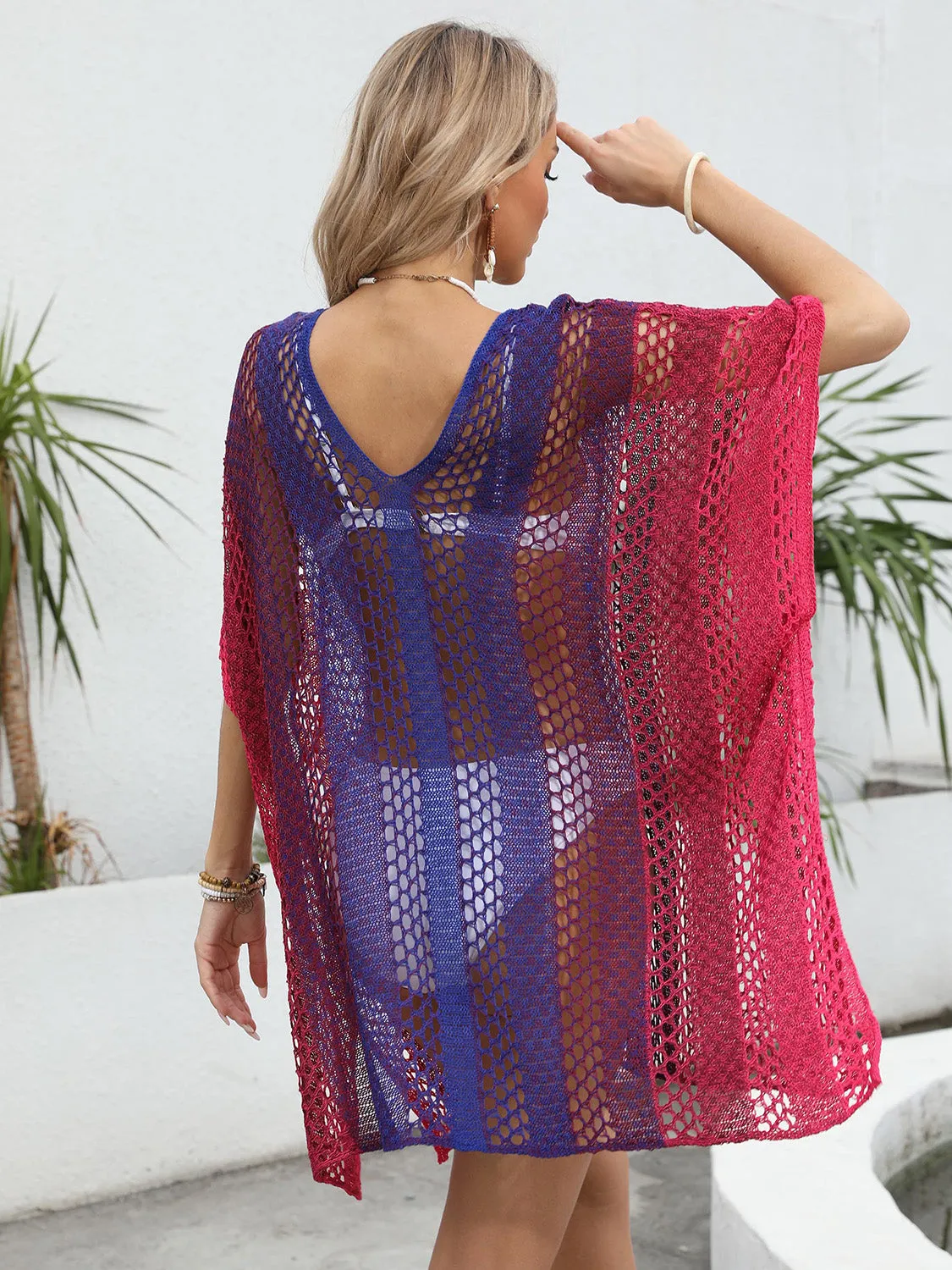 Sunset Vacation  Openwork Contrast V-Neck Beach Cover Up