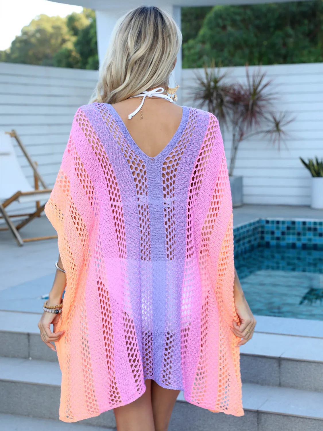 Sunset Vacation  Openwork Contrast V-Neck Beach Cover Up