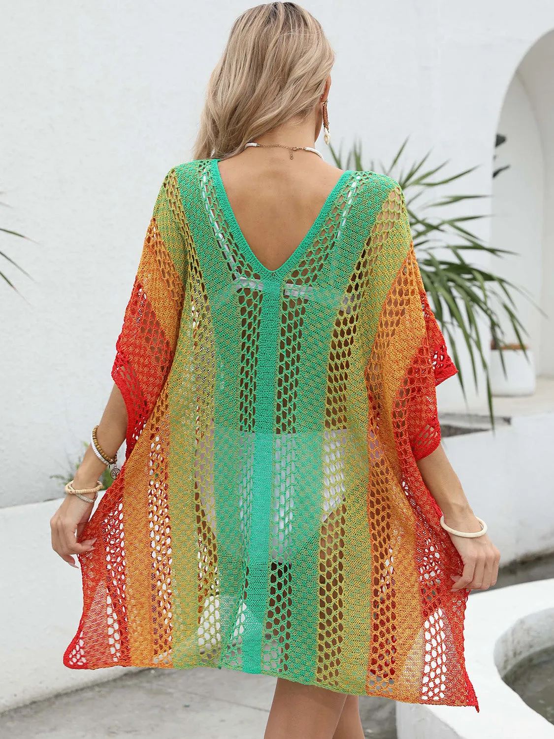 Sunset Vacation  Openwork Contrast V-Neck Beach Cover Up