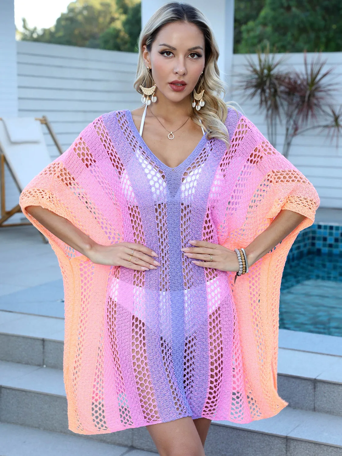 Sunset Vacation  Openwork Contrast V-Neck Beach Cover Up