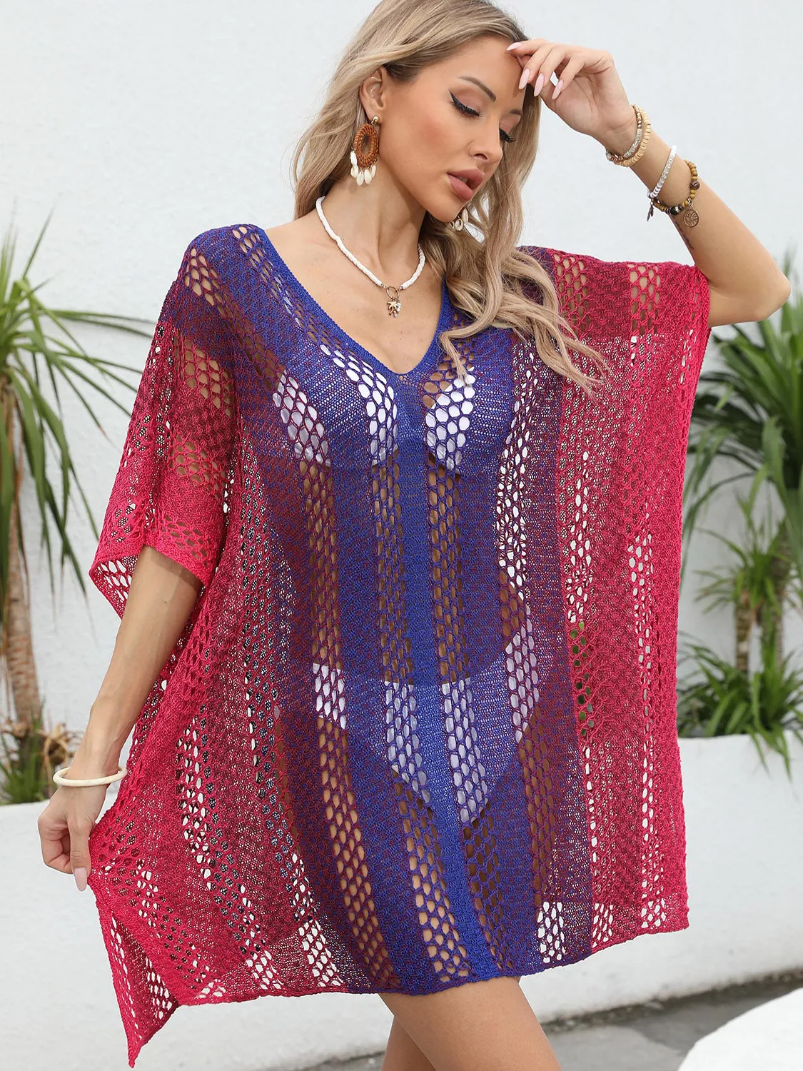 Sunset Vacation  Openwork Contrast V-Neck Beach Cover Up