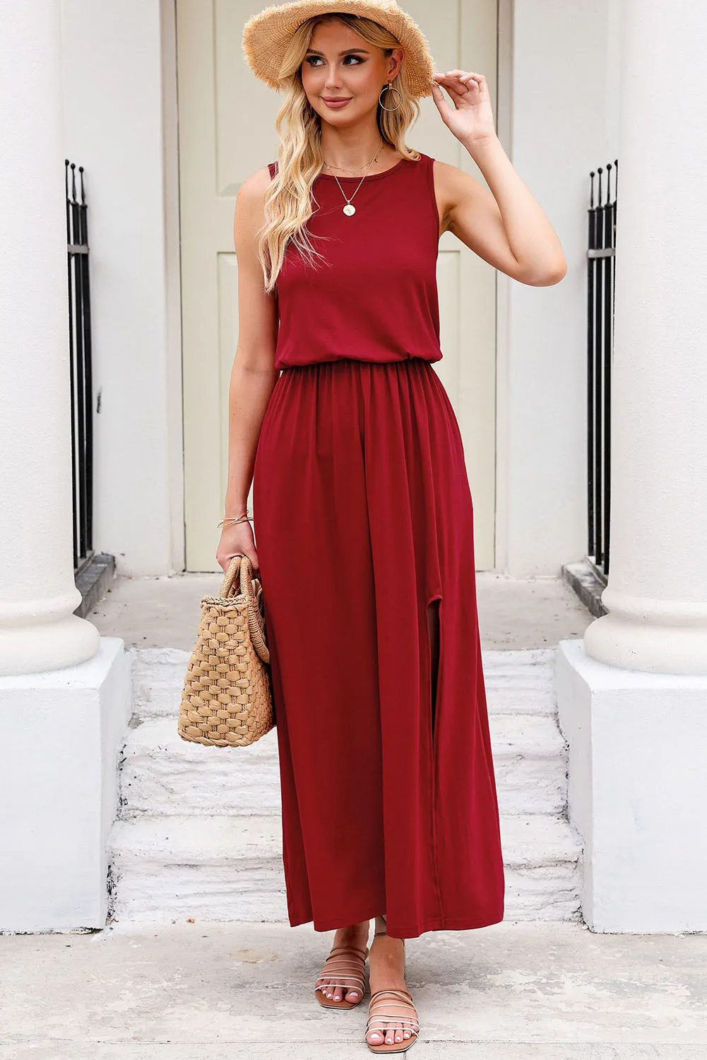 Sunset Vacation Slit Round Neck Sleeveless Dress