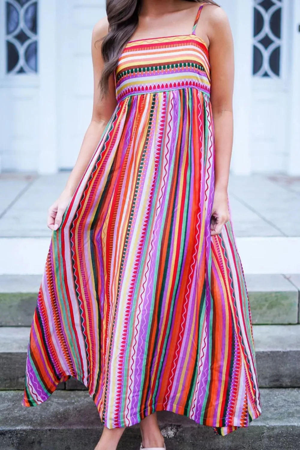 Sunset Vacation Striped Square Neck Cami Dress