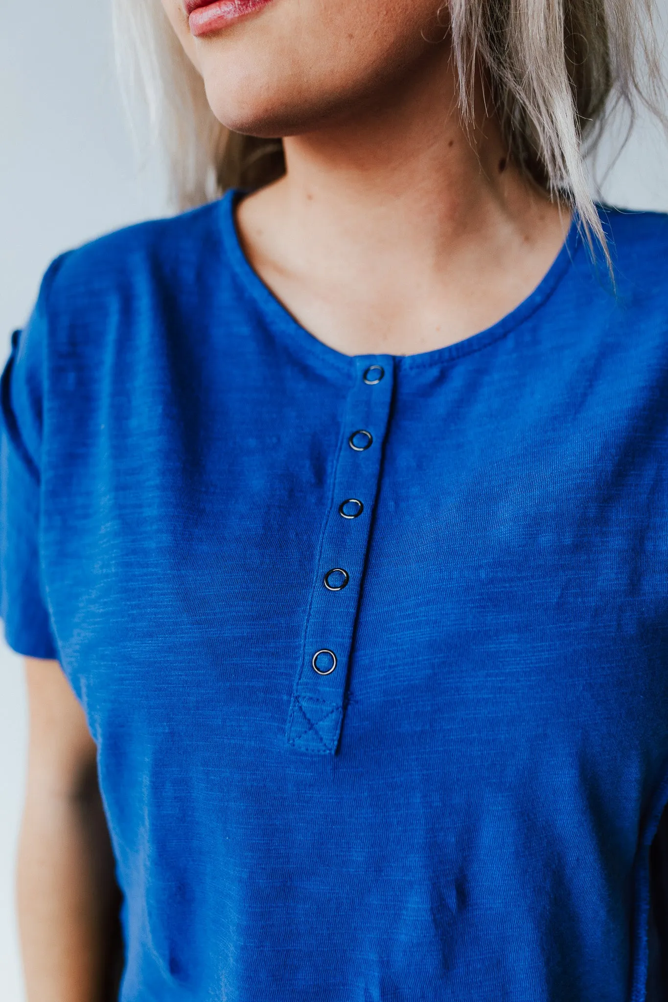 The Marsha Button-Up Tee in Cobalt Blue