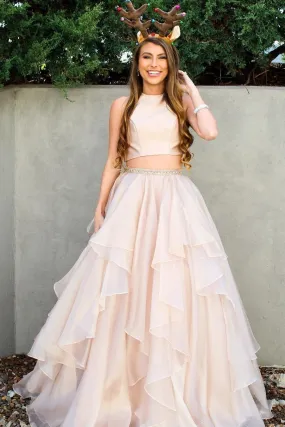 Two Piece A-line High Neck Beads Organza Long Sparkly Chic Evening Prom Dresses