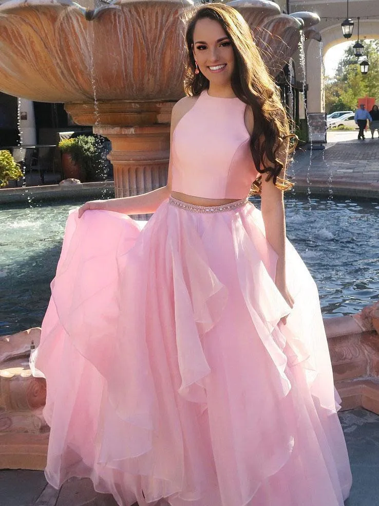 Two Piece A-line High Neck Beads Organza Long Sparkly Chic Evening Prom Dresses