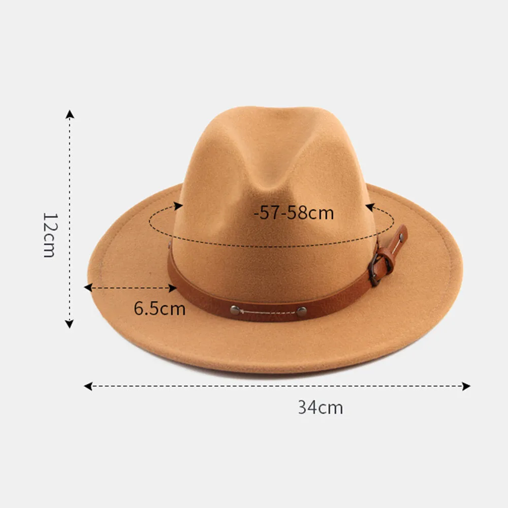 Unisex British Style Leather Belt Buckle Flat Brim Top Hat Fashion Outdoor Wide Brim Felt Hat