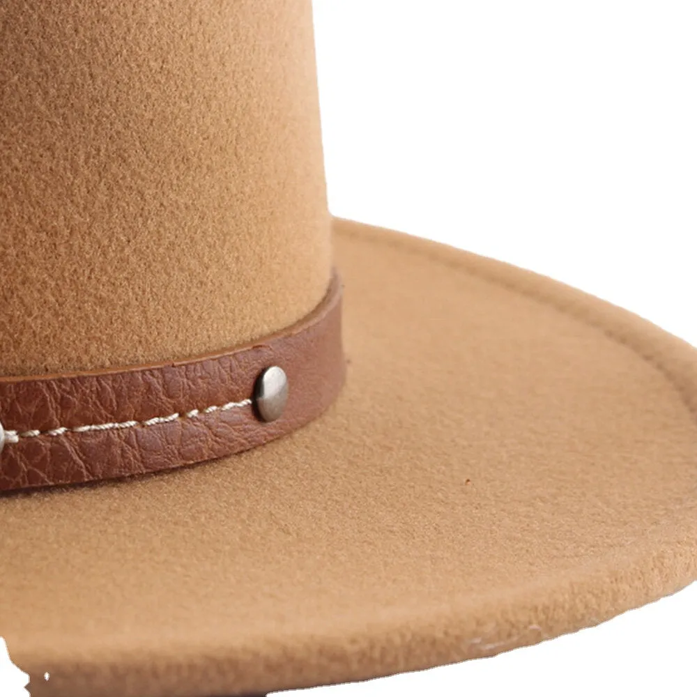 Unisex British Style Leather Belt Buckle Flat Brim Top Hat Fashion Outdoor Wide Brim Felt Hat