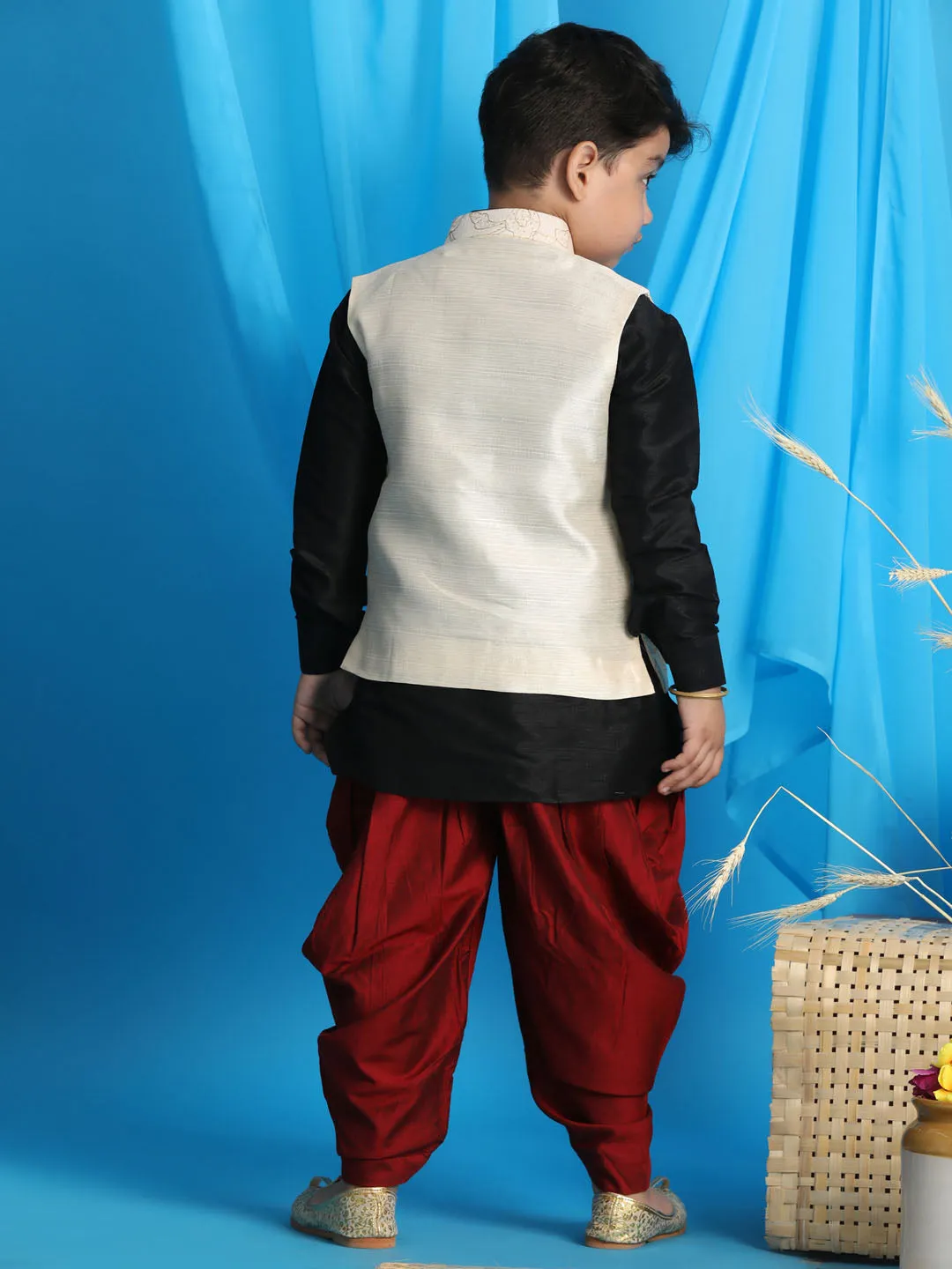 VASTRAMAY Boy's Beige Embroidered Nehru Jacket With Black Kurta And Maroon Dhoti Set