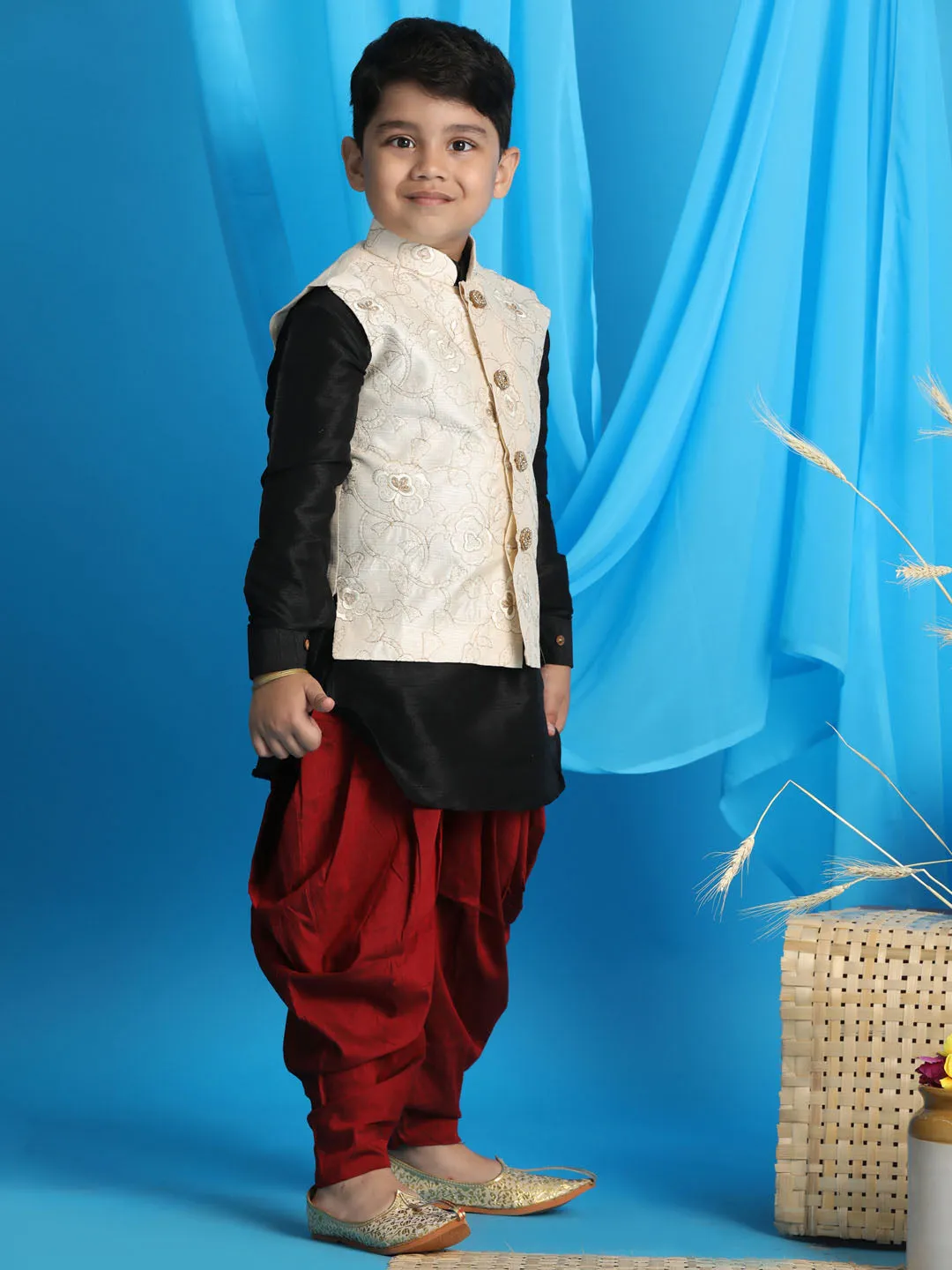 VASTRAMAY Boy's Beige Embroidered Nehru Jacket With Black Kurta And Maroon Dhoti Set