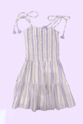 White Lavender Woven Stripe Tie Strap Flowy Dress