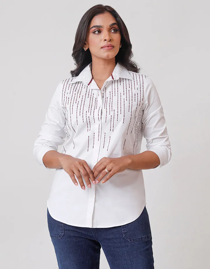 White Long Sleeves Shirt with Embroidery