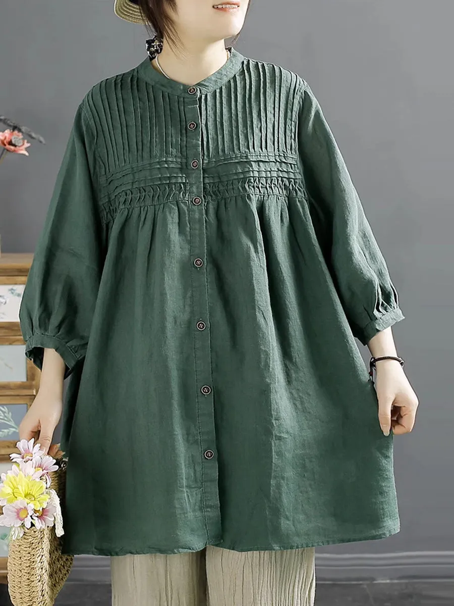 Women Artsy Summer Shirred Solid Linen Shirt SC1058