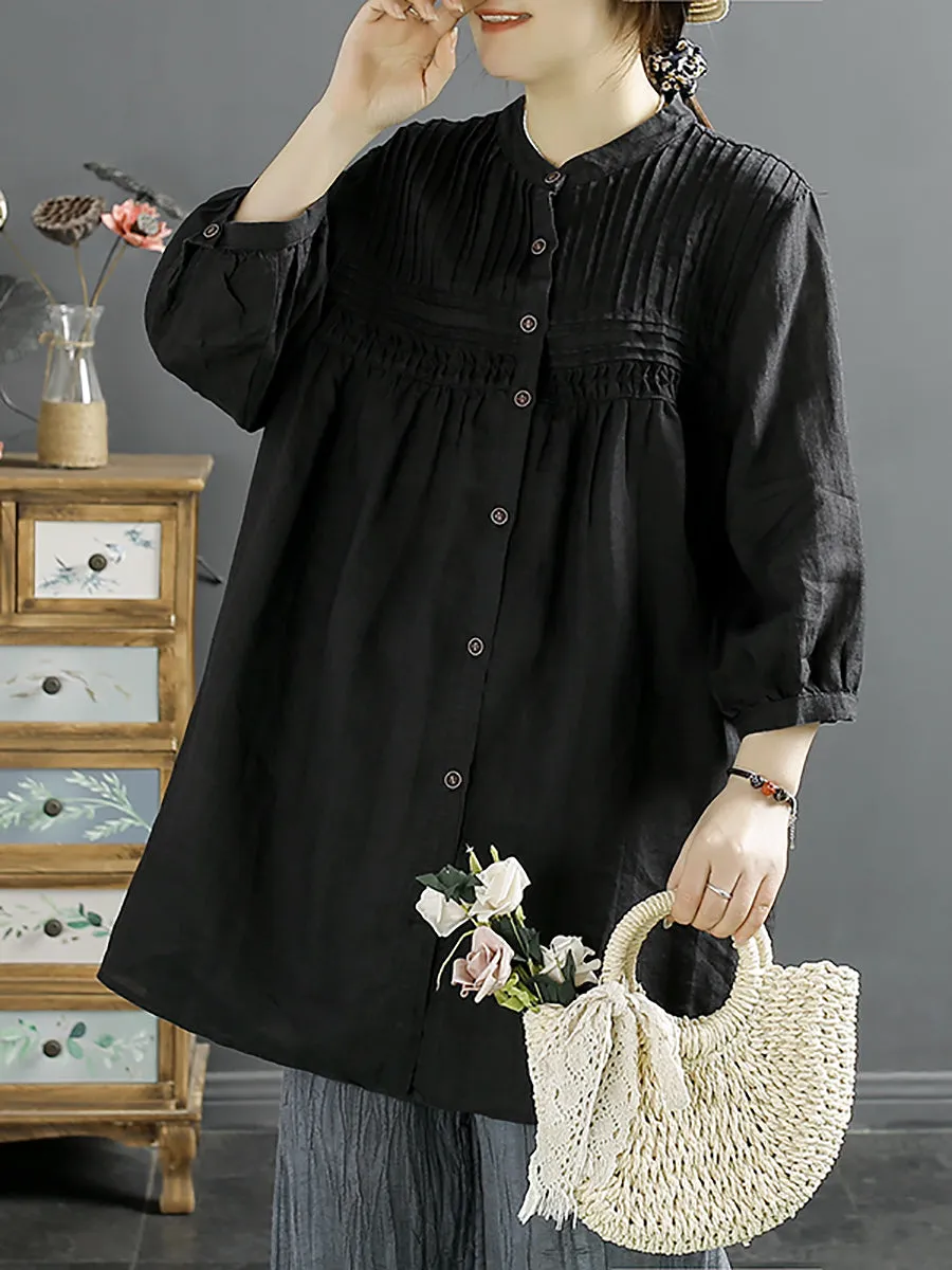 Women Artsy Summer Shirred Solid Linen Shirt SC1058