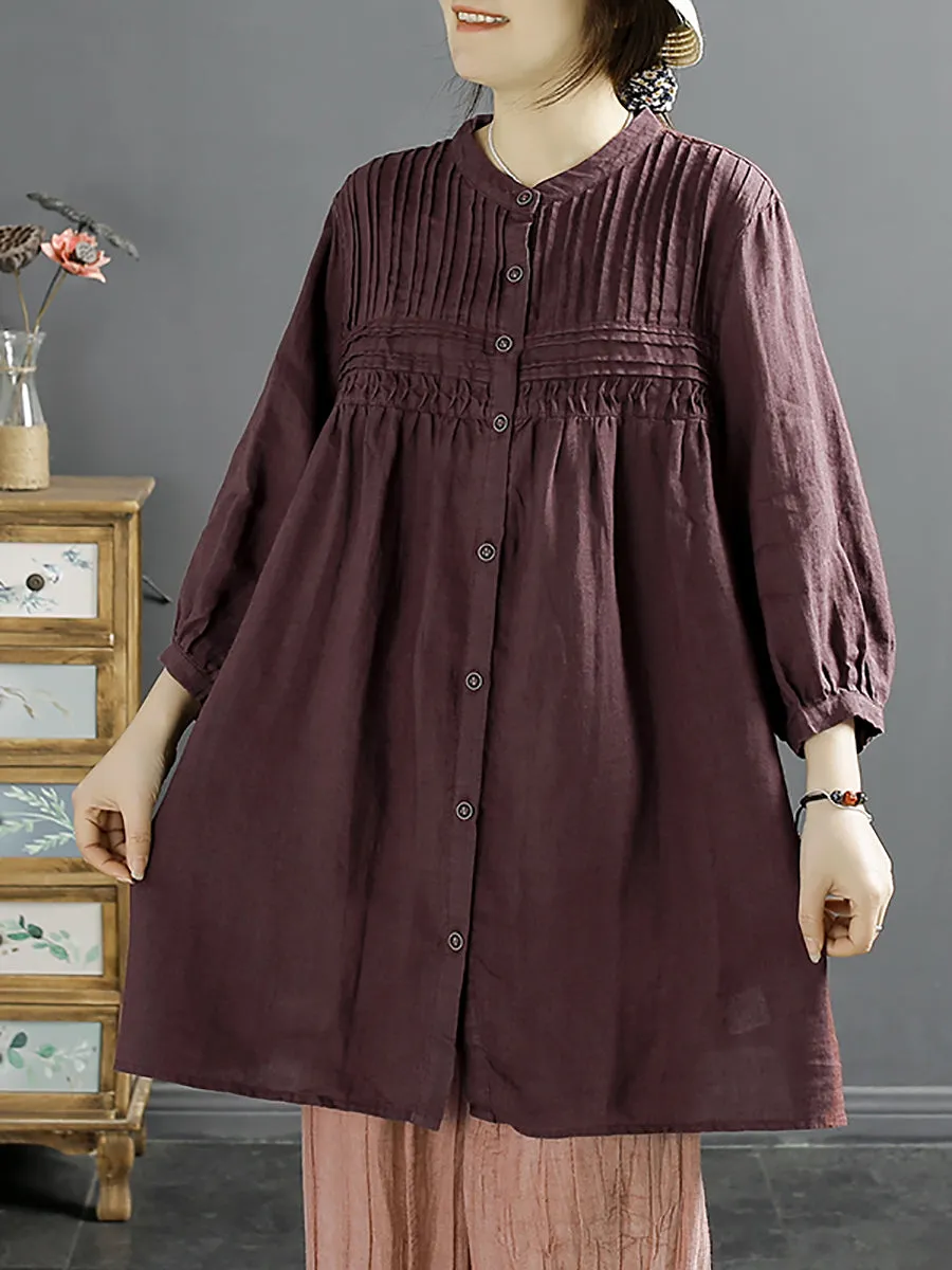 Women Artsy Summer Shirred Solid Linen Shirt SC1058