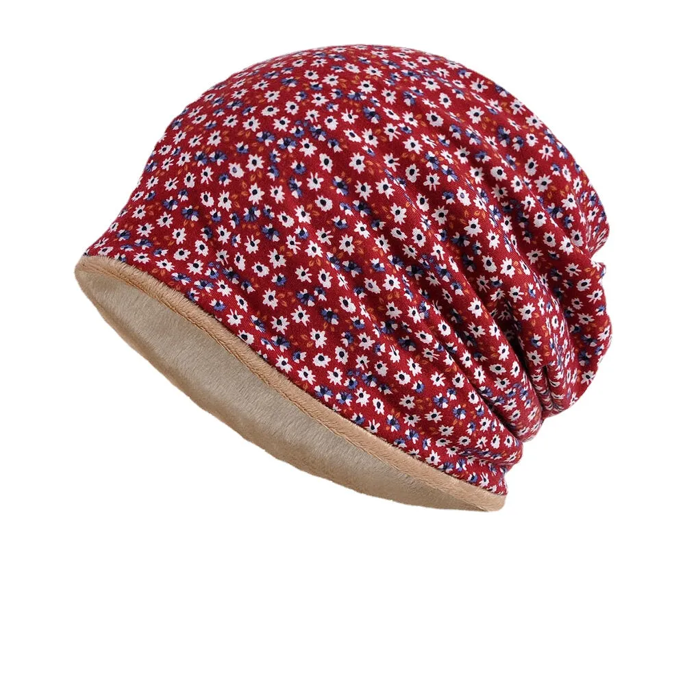 Women Cotton Plus Velvet Overlay Floral Pattern Print Warmth Windproof Dual-use Bib Scarf Beanie Hat