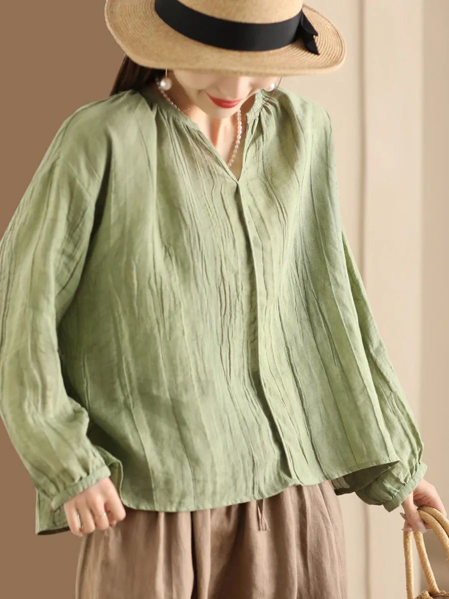 Women Spring Solid Vintage Ramie V-neck Blouse CO1013