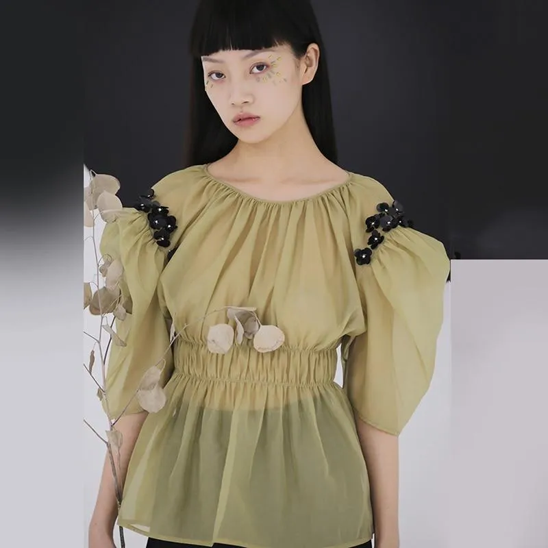 Yuriko O-Neck Pleated Sleeve Shirt