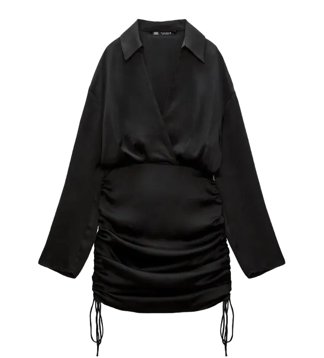 ZARA Black Satin Long Sleeve Ruched Mini Dress BNWT UK S