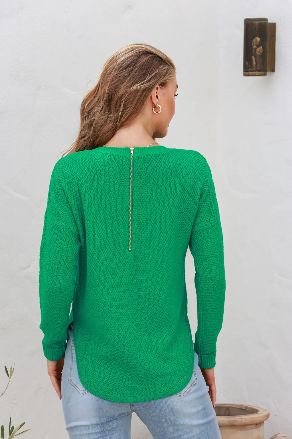 Zip Back Cotton Knit Jumper - Jade